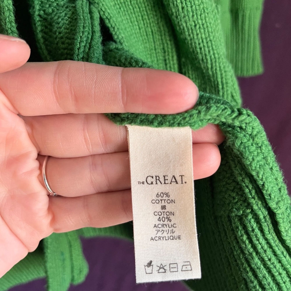 THE GREAT. True Green Cable-Knit Cotton Blend Grandpa Cardigan - Picture 3 of 9